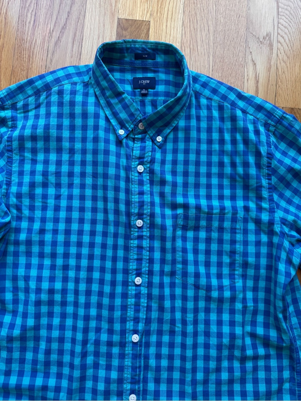 J. Crew Men's Teal and Navy Gingham Button-Down Shirt